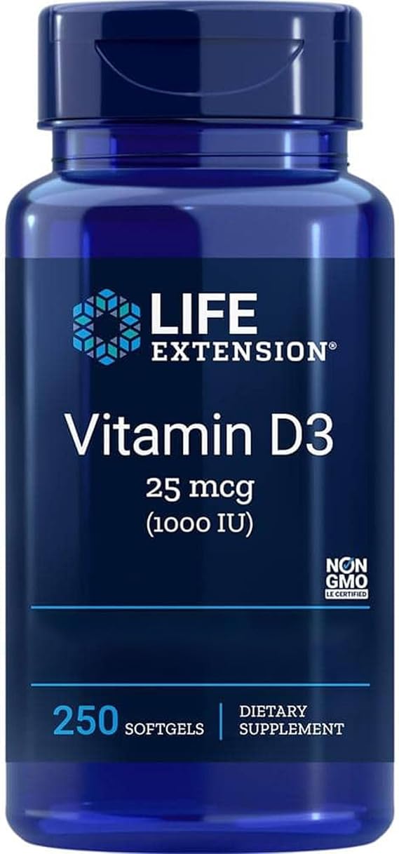 Life Extension, Vitamin D3, 1000 IU (25µg), 250 Softgels, Gluten Free, SOYA Free, Non-GMO