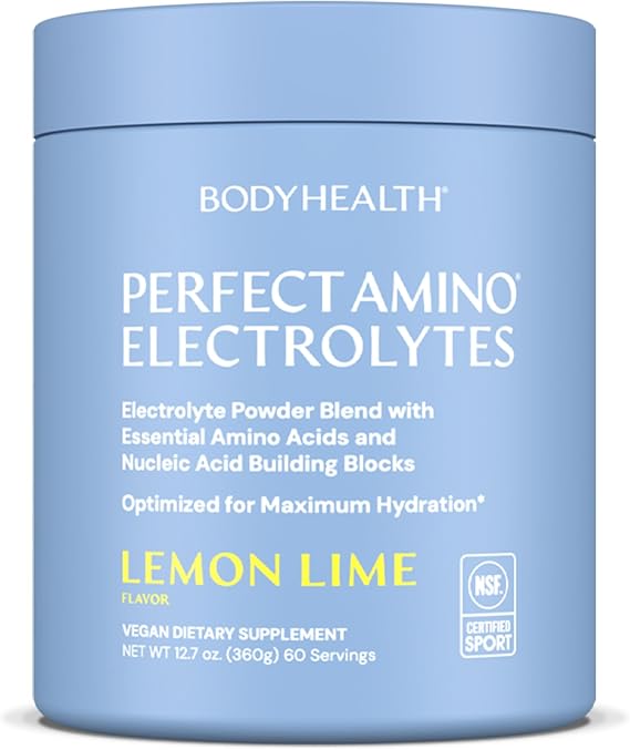 BodyHealth PerfectAmino Electrolytes Powder No Sugar, Hydration Fasting Keto Zero Sugar Electrolytes Drink Mix with Trace Minerals - NSF Certified for Sport - Lemon Lime - 60 Servings