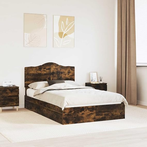 Storage Bed with Drawer Smoked Oak Engineered Wood 135 x 190 cm Double Mattress Frame with Slatted Base and Headboard for Modern Bedroom Storage