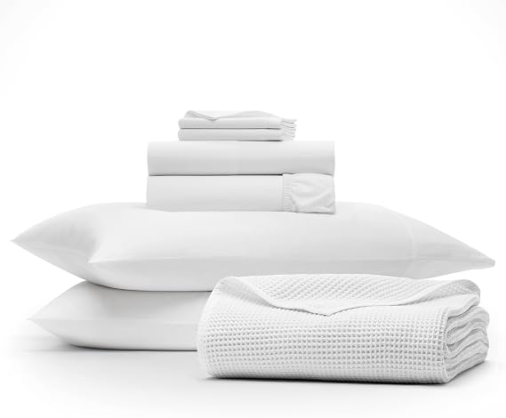 BOLL & BRANCH Ultimate Softness Bundle, White - 1 Sheet Set, Queen - 1 Waffle Blanket, Full/Queen - 1 Pillowcase Set, Standard