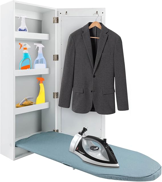 Wall Mounted Ironing Board Built in Ironing Board Cabinet Foldable Storage Cabinet with Mirror & Hooks, Load 22.04Lbs (Normal)