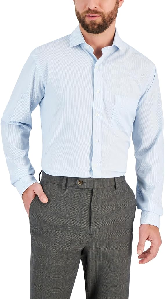 Club Room Mens Regular Fit Traveler Button Down Dress Shirt, Blue, 16.5" Neck 32"-33" Sleeve