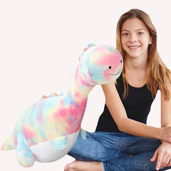ELAINREN Pink Tie-dye Dinosaur Plush Pillow Rainbow T-Rex Dino Stuffed Toy Soft Pink Stegosaurus Plushie Doll Gifts/39.37''