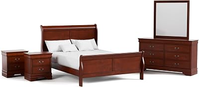 Furniture of America Arabella Traditional Solid Wood 5 Piece Bedroom Set with Queen Bed Frame, Nightstands, Dresser with Mirror, Storage and Organization, Bedframe Box Spring Needed, Cherry