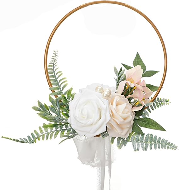 Wedding Floral Hoop Wreath for Bridesmaids,Artificial Metal Bridesmaid Handheld Garland with Rose and Eucalyptus Garland Metal Ring Wreath for Bridal Shower,Ceremony Anniversary (White)