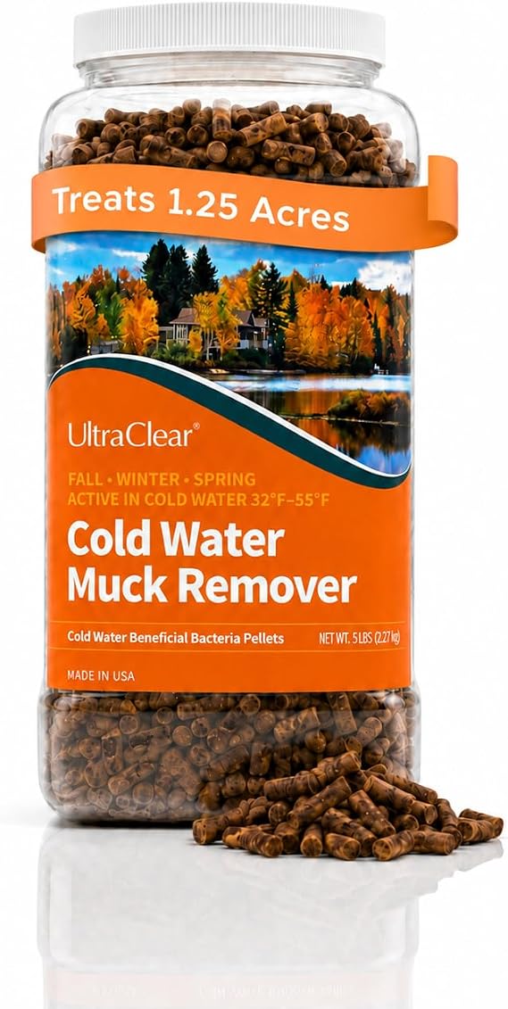 Cold Water Muck & Sludge Remover - Treats Up to 1.25 Acres - Beneficial Bacteria Pellets for Fall, Winter & Spring - Active 32F55F - Breaks Down Leaves & Fish Waste - Safe for Fish & Koi - 5 lbs