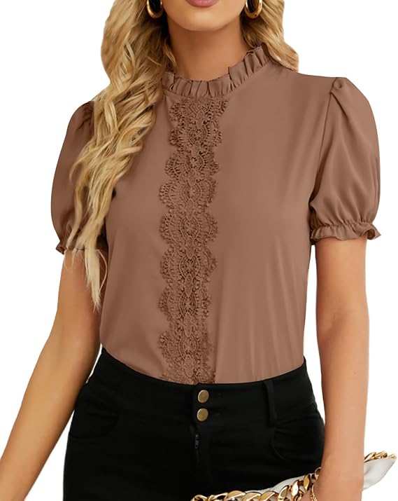 Rooscier Women's Lace Ruffle Puff Short Sleeve Frill Mock Neck Elegant Office Blouse