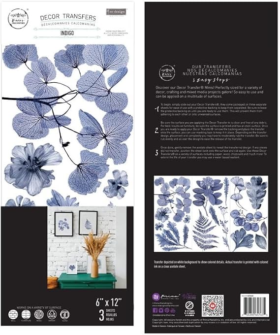 Redesign with Prima 655350657635 Indigo - Small Transfers 6"x12" 3 Sheets Rub on Transfers for Furniture Vintage Rub on Transfers