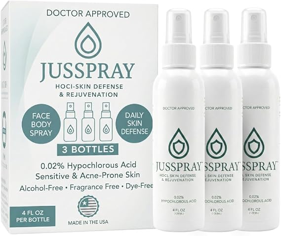 JusSprayTM Hypochlorous Acid Spray for Face and Skin | HOCI Facial Cleanser Mist | 4 oz Hypochlorous Acid for Face, Skin, Acne, Eczema, Body Acne Sprays, Piercing Aftercare, Wound Solution