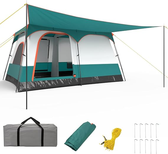 COSTWAY Tent for 6-8 People Large Camping Tent with Awning &amp; Floor 2 Rooms &amp; 2 Entrances Tunnel Tent Including Removable Roof &amp; Carry Bag Family Tent for Camping Travel Trekking (3.8 x 2.6 x 1.9 m)