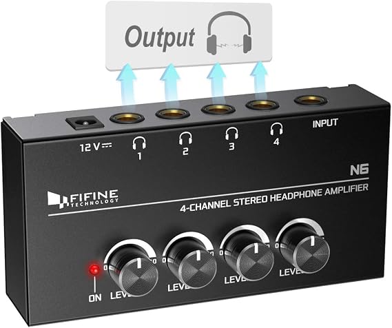 FIFINE N6 4 Channels Metal Stereo Headphone Amplifier for Audio Mixer | Mini Earphone Splitter, Balanced TRS Input & 4x Quarter Inch Output, Includes Power Adapter, for Recording Studio