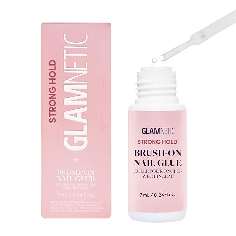 Glamnetic Super Strong Brush On Nail Glue | Brush Tip Applicator, Mess Free, Travel Friendly, Vegan | Durable & Long-Lasting | .24 fl. oz. | Brush tip applicator glue for press ons and fake nails. Travel-friendly, mess-free formula. Vegan, durable, long-lasting hold