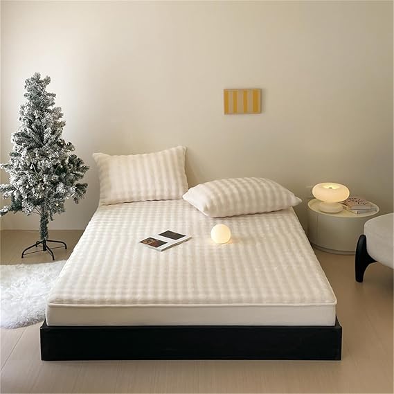 Velvet Fitted Sheet and Pillowcase, Flannel Elastic Fitted Breathable Mattress Protector, Soft Comfortable with 11'' Deep Pocket, Suitable for Fall and Winter (Beige,Full)
