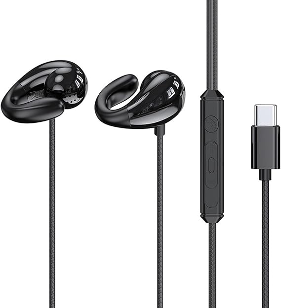 Open Ear Clip Wired Headphones Sports Earphones Running Earbuds with Mic 3.5mm/Type C Connector in-Line Control Stereo Headset for Cycling Jogging Gym Workout (Type-C)