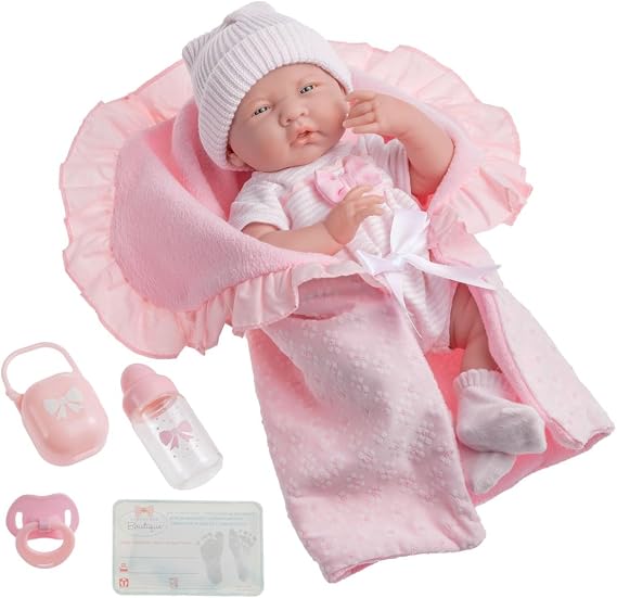 15.5" Realistic Soft Body La Newborn Doll | JC Toys - Berenguer Boutique | 8 Piece Gift Set with Bottle, Pacifier & Accessories | Pink | Ages 2+
