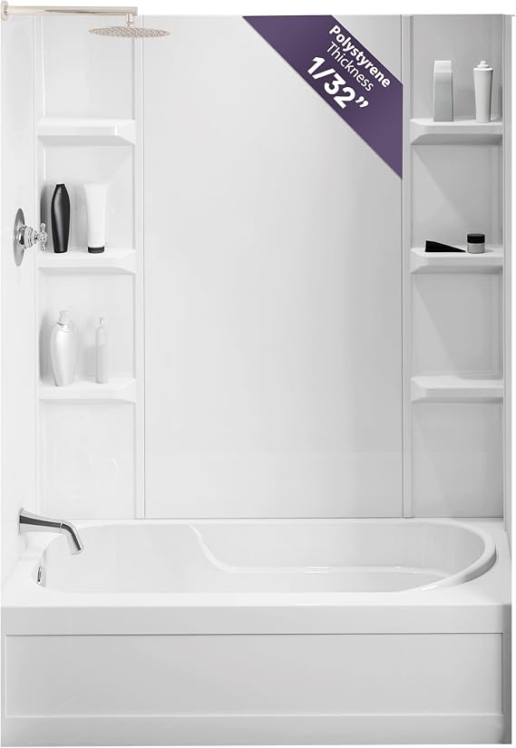 Lightweight Polystyrene Tub Wall Surround D32 x W60 x H58 - Plain Pattern | Waterproof, Easy-to-Install, Includes Two Shelf Units, 1.2 mm Thickness, Overlapping Panels for an Optimal Seal