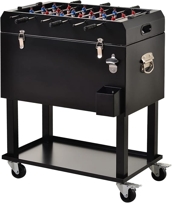 68QT Patio Cooler Ice Chest with Foosball Table Top, Portable Poolside Party Bar Cold Drink Rolling Cart on Wheels with Tray Shelf
