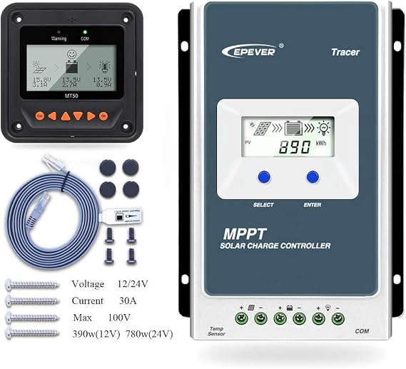 EPEVER MPPT Solar Charger Tracer A Series 10A / 20A / 30A / 40A with 12V / 24V DC Automatic Identification System Voltage (30A+MT50+RTS)