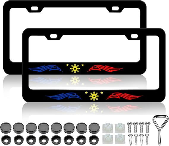 LIN KANG 2PCS Philippines Star Tribal License Plate Frames Colorful License Plate Holder Universal Stainless Steel Auto Parts Rust-Proof Waterproof Car Decorative Tag Frames for Standard US 12x6 Inch