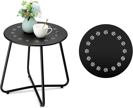 danpinera Outdoor Side Table Small Balcony Table Garden Table with Flower Cut-Outs Small Side Table Outdoor for Patio Yard Balcony Garden Weatherproof Material Black