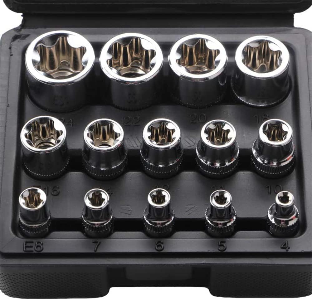 HYCDIYTS 14-Piece E Type Torx Socket Set Star-Shaped Flower-Shaped Socket Wrench Screw Removal E Type Socket with Storage Box Black