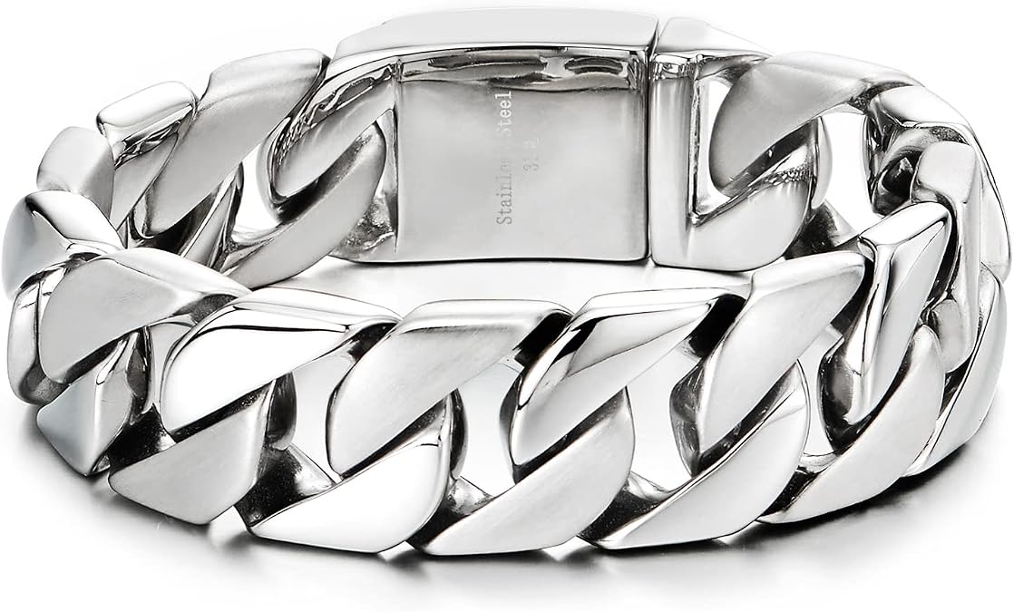 COOLSTEELANDBEYOND Mens Stainless Steel Large Curb Chain Link Bracelet Solid Curb Chain Wristband Biker Punk Jewelry Masculine Accessory