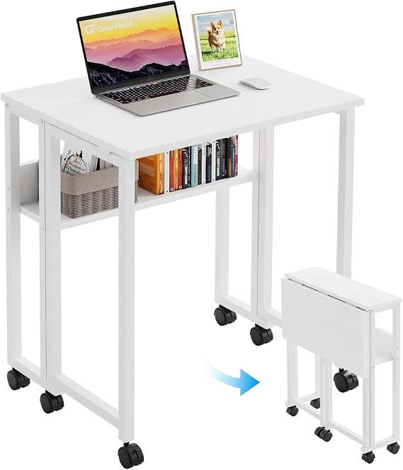 GreenForest Folding Desk 63 cm with Storage Shelf and Wheels, White