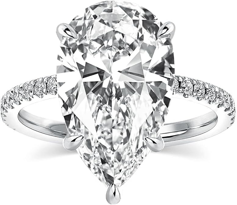 RODIFFY 5.0CT Elongated Pear Shaped Engagement Rings for Women, S925 Silver Cubic Zirconia Teardrop Promise Wedding Ring with Hidden Halo
