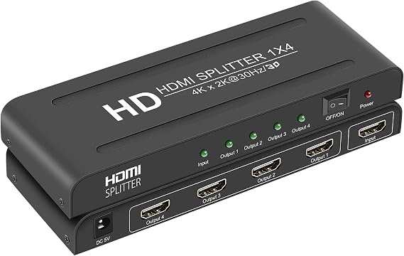 4K 1x4 HDMI Splitter 1 in 4 Out,4 Port Powered HDMI Splitters Support Mirror/Copy Multi Monitor Outputs and 4Kx2K@30Hz 3D,HD Splitter with Power for Project/Office/Projector/HDTV/PS4