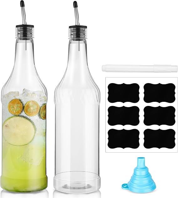 Dandat 4 Pcs 32 Oz Plastic Long Neck Bar Bottles with Pourer,Silver