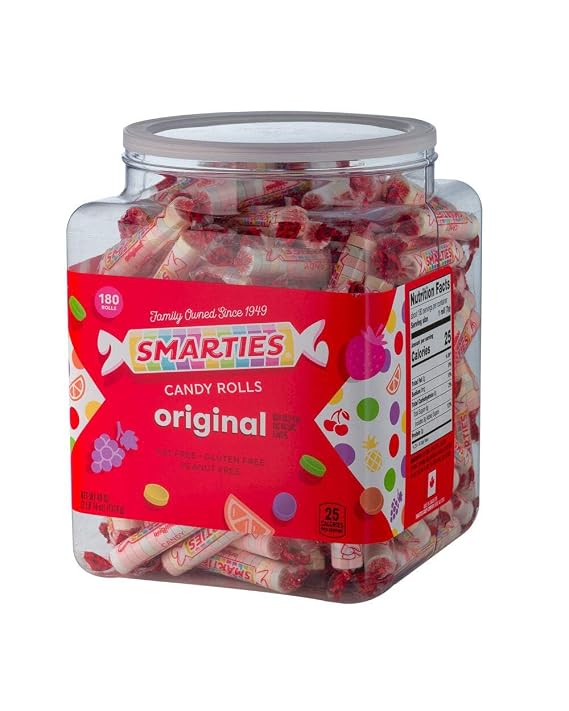 Smarties Candy Bulk Rolls Original Flavor - Gluten & Vegan Free - Classic Sweetness From Family Owned Company Since 1949, Peanut & Dairy Free - Perfect Halloween Candy - 46 oz, 180 Count Jar