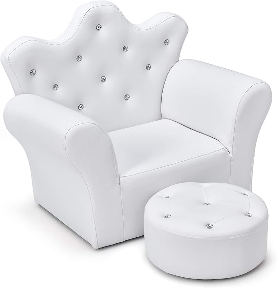 Costzon Kids Sofa, Children Upholstered Sofa with Ottoman, Princess Sofa with Diamond Decoration, Ottoman, Smooth PVC Leather Toddler Chair, Kids Couch for Preschool Boys and Girls Gift (White)