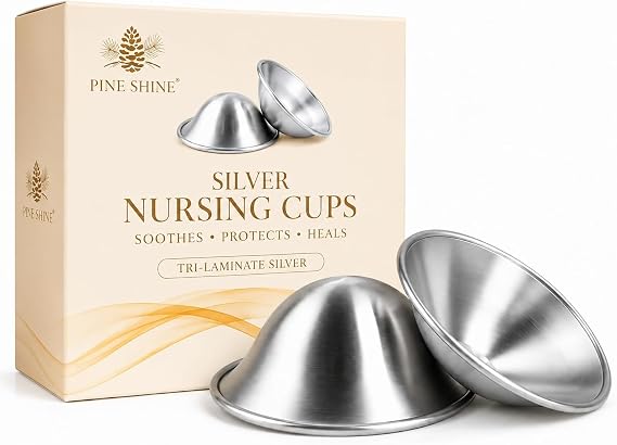 Silver Nursing Cups for Breastfeeding, 925 Silver Tri-Laminate Nipple Covers for Nursing Moms, Reusable Breastfeeding Cups with Velvet Pouch and Storage Box (M) 