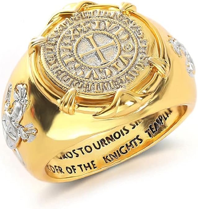 Crusader Knight Templar Ring - Medieval Viking Cross Catholic Gold Cross Ring for Men