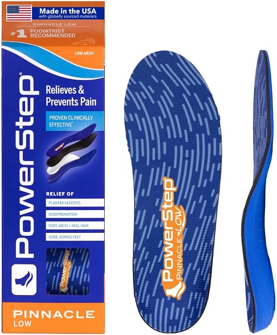PowerStep Pinnacle Low, PowerStep Insoles, Flat Feet, Plantar Fasciitis Relief, Overpronation, Arch Support, Heel Pain, All Day Comfort, Pain Relief, Made in USA (Men's 4-4.5 / Women's 6-6.5)
