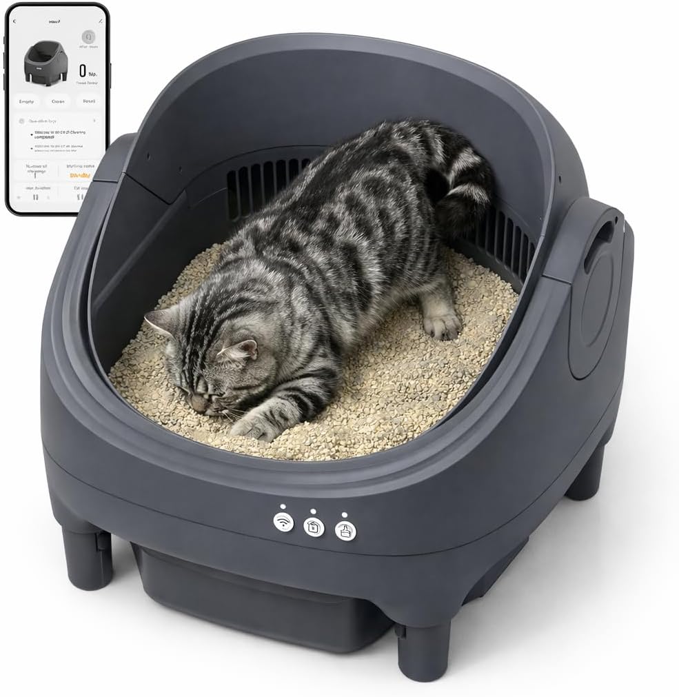 KITPLUS Automatic Self-Cleaning Cat Litter Box with APP Control for Cats, Large Capacity Waste Bin for Odor-Free Disposal, Includes Trash Bags and Safety Features