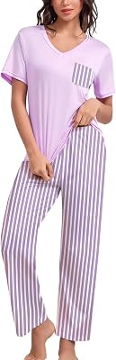 Pajama Sets for Women Two-Piece Lounge Set Short Sleeve Tops and Long Pants Soft Pjs Sleepwear S-L