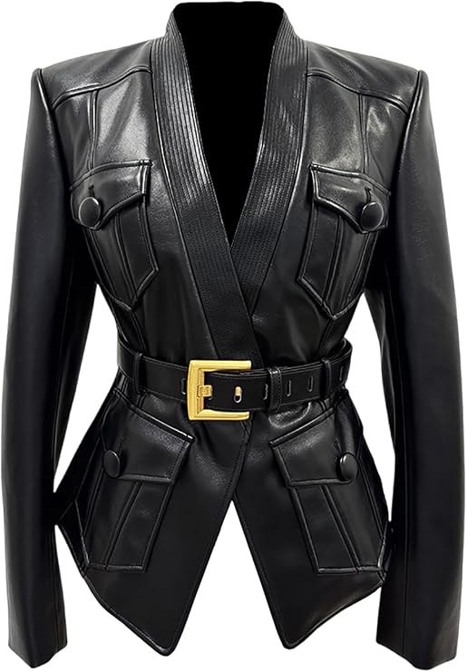 Womens Leather Single Button Belted 4 Pockets Jacket Blazer Fashion Classic Suit Party Prom