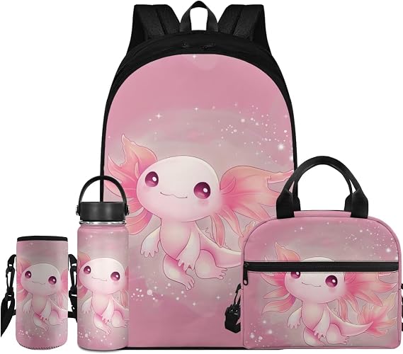Flashideas Pink Axolotl Kids Backpack Set 4Pcs with Lunch Bag Insulated Water Bottle Water Bottle Holder with Strap Girls Backpacks Ages 6-18 Suitable for Elementary Middle School High School
