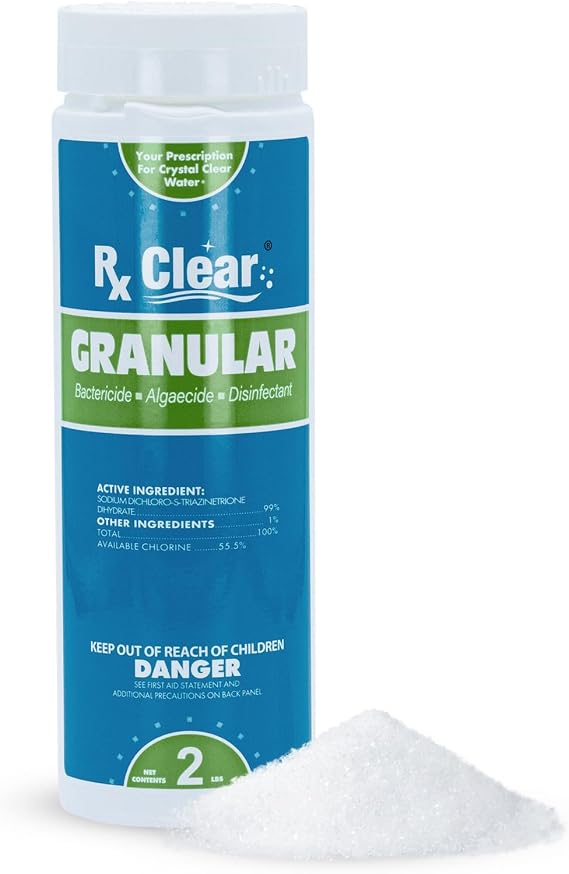 Rx Clear 2 lbs Granular Chlorine for Swimming Pool | Use As Bactericide, Algaecide, Disinfectant in Swimming Pools, Hot Tubs, Spas | Stabilized, Fast Dissolving & UV Protected