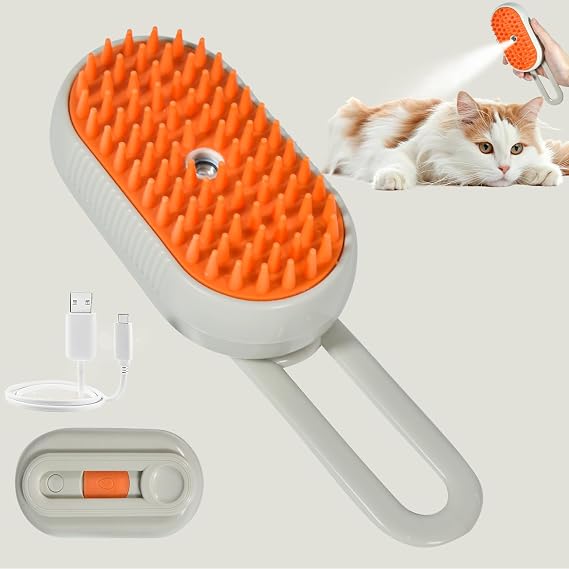 Cat Steam Brush, 4-in-1 Steam Brush For Cats, Electric Misting & Massage Tool For Cat Shedding Control, Gentle Grooming Cleaner, All-in-1 Pet Care Solution (Khaki)