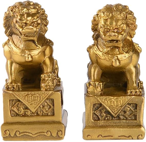 Brass Guardian Lion Sculpture, Pair Foo Dogs Statues 2.8in (H)