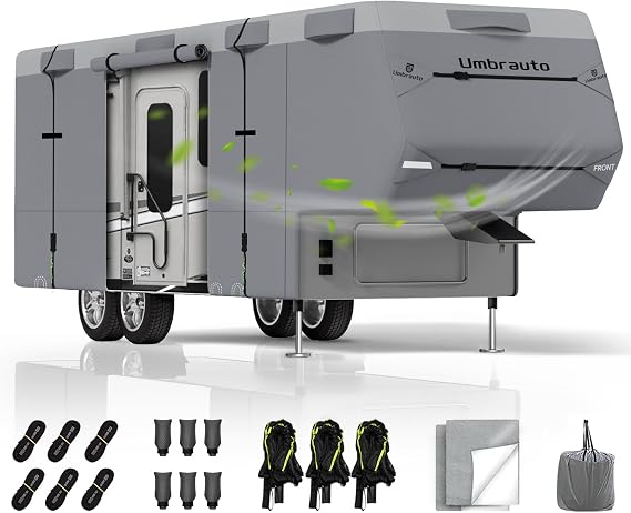Umbrauto 5th Wheel RV Cover Fits 40-44ft Travel Trailer, Extra-Thick Windproof Camper Cover with 6 Gutter Cover, Ladder Cover, Adhesive Repair Patches