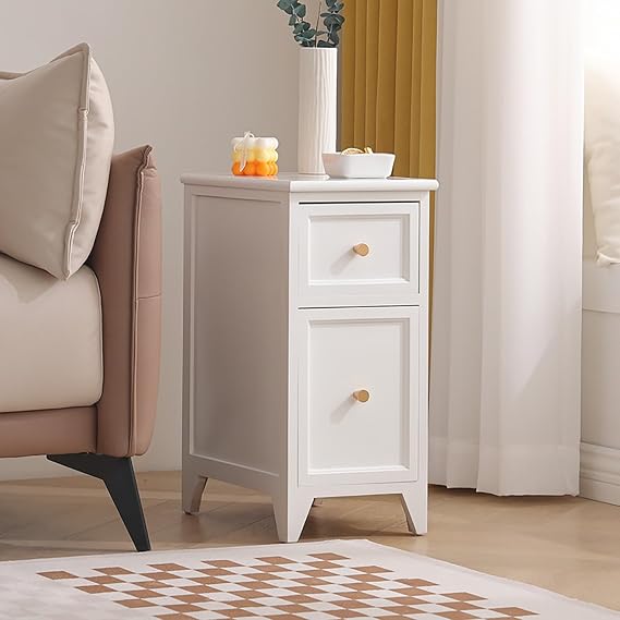 Nightstand with 2 Drawers, Narrow Nightstand, Bedside End Table with Storage Drawer, Small Nightstand (Color : White -1, Size : 30cm/12in)