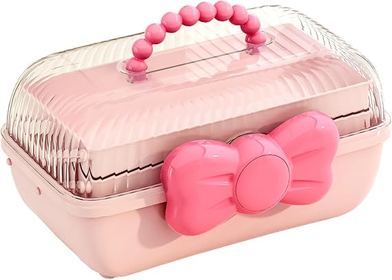 Qianderer Hair Accessories Organizer Box, Hair Bow Storage Box Craft Storage Boxes With Compartments 3 Layer Multipurpose Storage Box With Handle (Pink, 24.5cm*15.5cm*15cm)