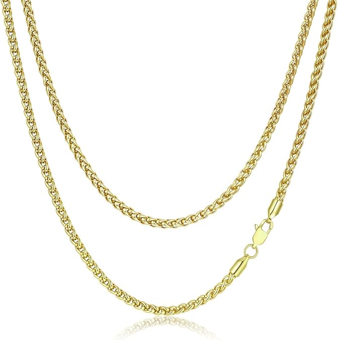 FOSIR Wheat Chain Necklace for Men, Gold Plated Necklace, 14K Gold Plated Chain Stainless Steel Necklaces for Men and Women, 2.5mm/3mm/4mm/5mm Width