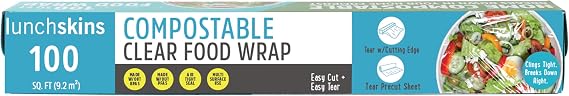 Lunchskins Compostable Cling Wrap for Food, Plastic-Free Cling Wrap Alternative, 100 Sq Ft