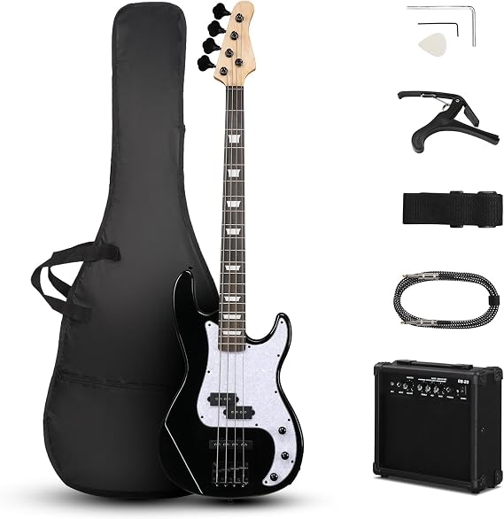 Ktaxon Electric Bass Guitar 4 String PB Style Beginner Kit for Right Handed Standard with 20W AMP Strap for Kids and Adults (Black)