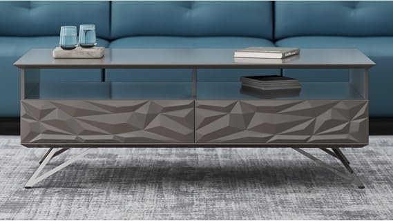 Modern 2-Drawer Vortice Coffee Table in Glossy Gray with Polished Stainless Steel Legs