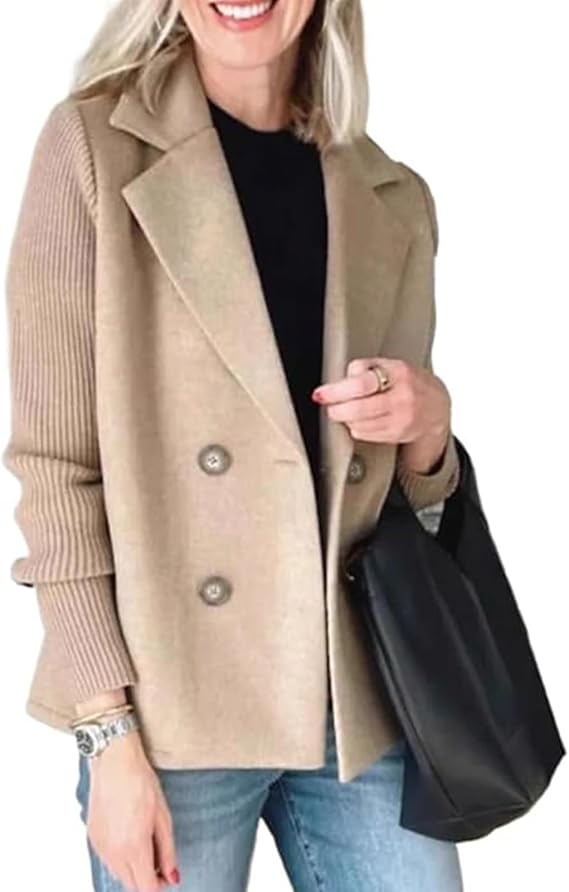 Women's Lapel Button Knitted Patchwork Sleeve Casual Coat,Trendy Double Breasted Pea Coats with Pockets,Winter Blazer Loose Jackets Tops